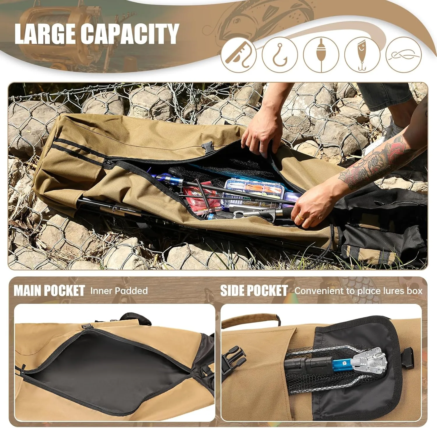 HUNTVP Fishing Rod Reel Case Bag Organizer Travel Carry Case Carrier Holder Pole Tools Storage Bags