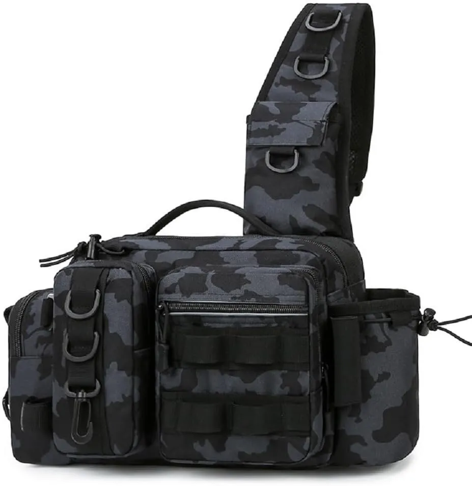 ICE Fishing Sling & Crossbody Tackle Bag with Rod & Gear Holder, Lightweight Outdoor Shoulder Pack for Fishing, Hiking, Hunting, White/Gray