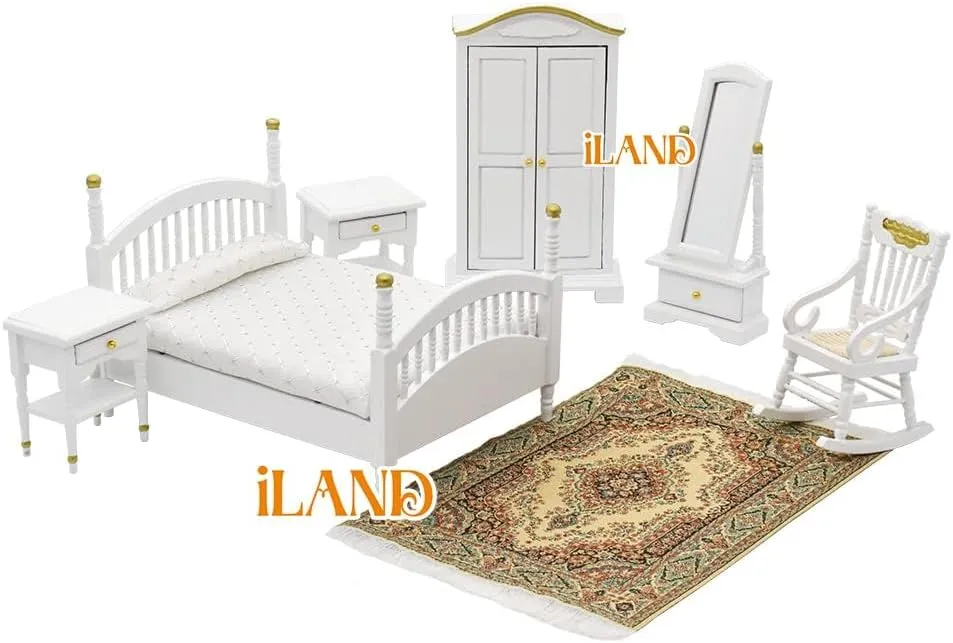iLAND Victorian Dollhouse Furniture 1/12 Scale, Brewster Dollhouse Bedroom Furniture Set (White & Gold)