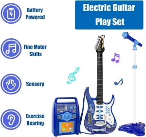 iMeshbean Electric Toy Guitar Kit Set Toy for Kids Girls Boys with Microphone, Wired Amp, AUX. (Blue)