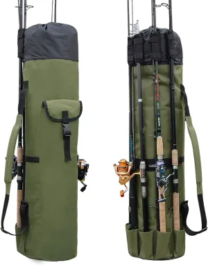 JSHANMEI Fishing Pole Bag with Rod Holder Canvas Carrier Bag Fishing Rod Reel Organizer Bag Foldable Fishing Tackle Storage Bag Travel Case Fishing Gifts for Men