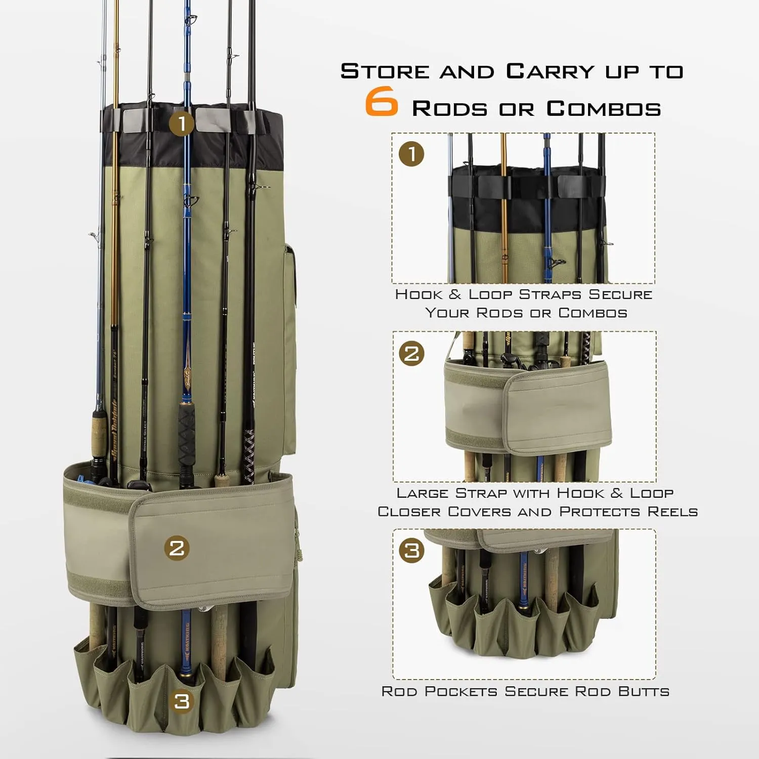KastKing Karryall Fishing Rod Bag, 81L Large Storage Water-Resistant Case, Holds 6 Rods & Reels, Foldable, Accommodates Gear and Equipment, Gifts for Men, Khaki