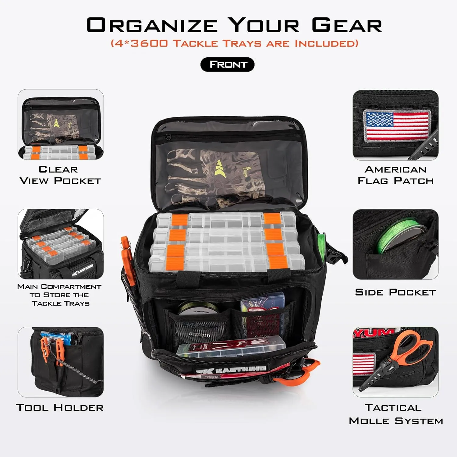 KastKing Karryall Fishing Tackle Bags with 4 * 3600 Tackle Trays - Saltwater & Freshwater Fishing Gear Storage