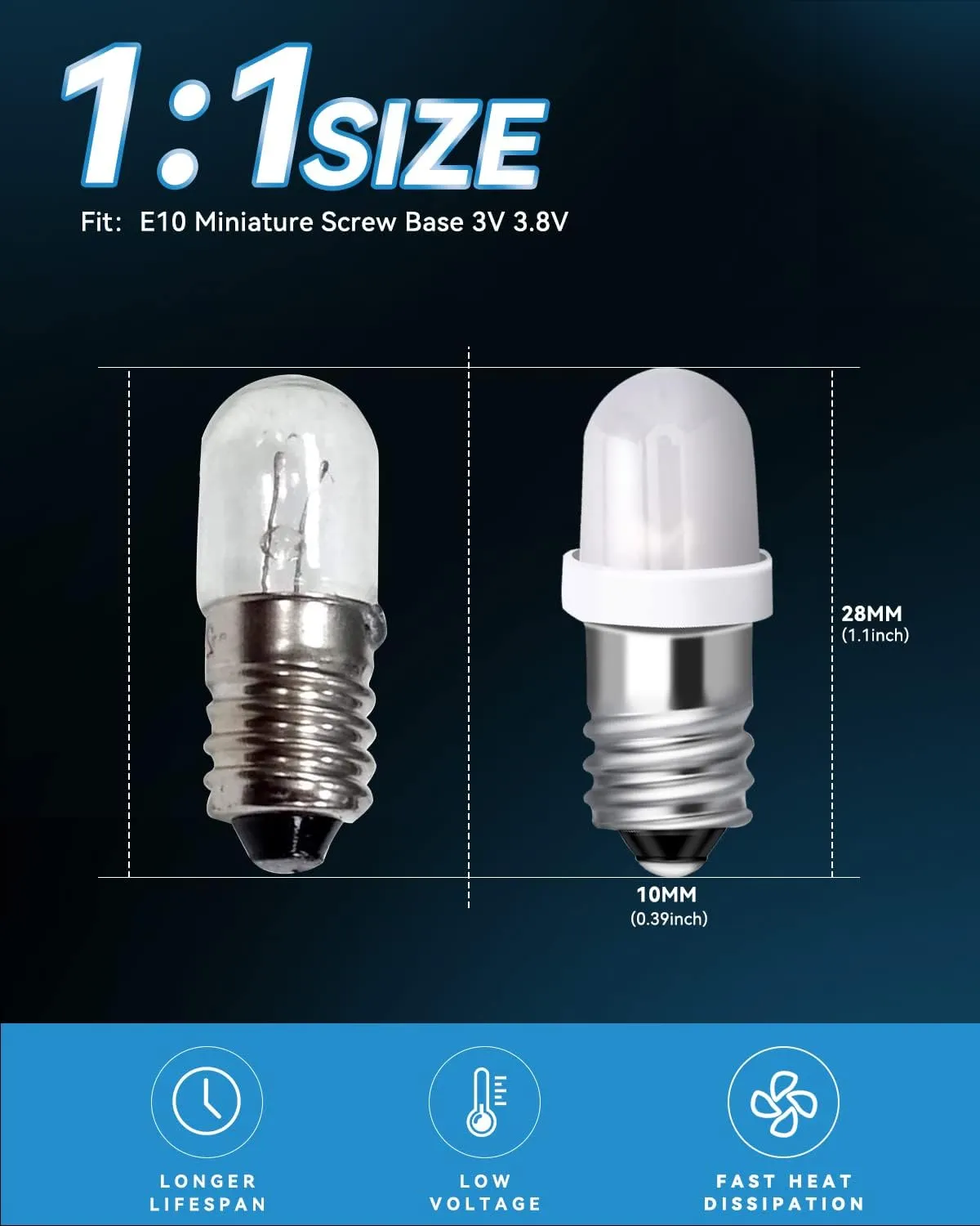 Keiurot E10 Led Bulb Flashlight Bulbs E10 Mini Led Bulb 3V 3.8V 4.5V DC/AC for Physical Electrical Experiment,Magnifying Glass,Slide Viewers,Microscope lamp White,10Pack