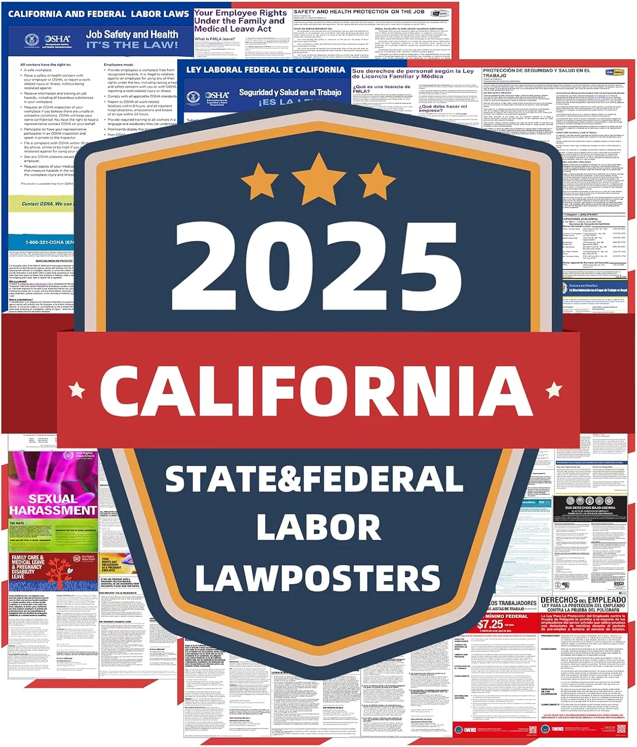 KERMENG 2025 California State and Federal Labor Laws Poster - English & Spanish Combo - OSHA Workplace Compliant - UV Waterproof Laminated 24" x 36" - Mandatory Regulations Posting for Employees