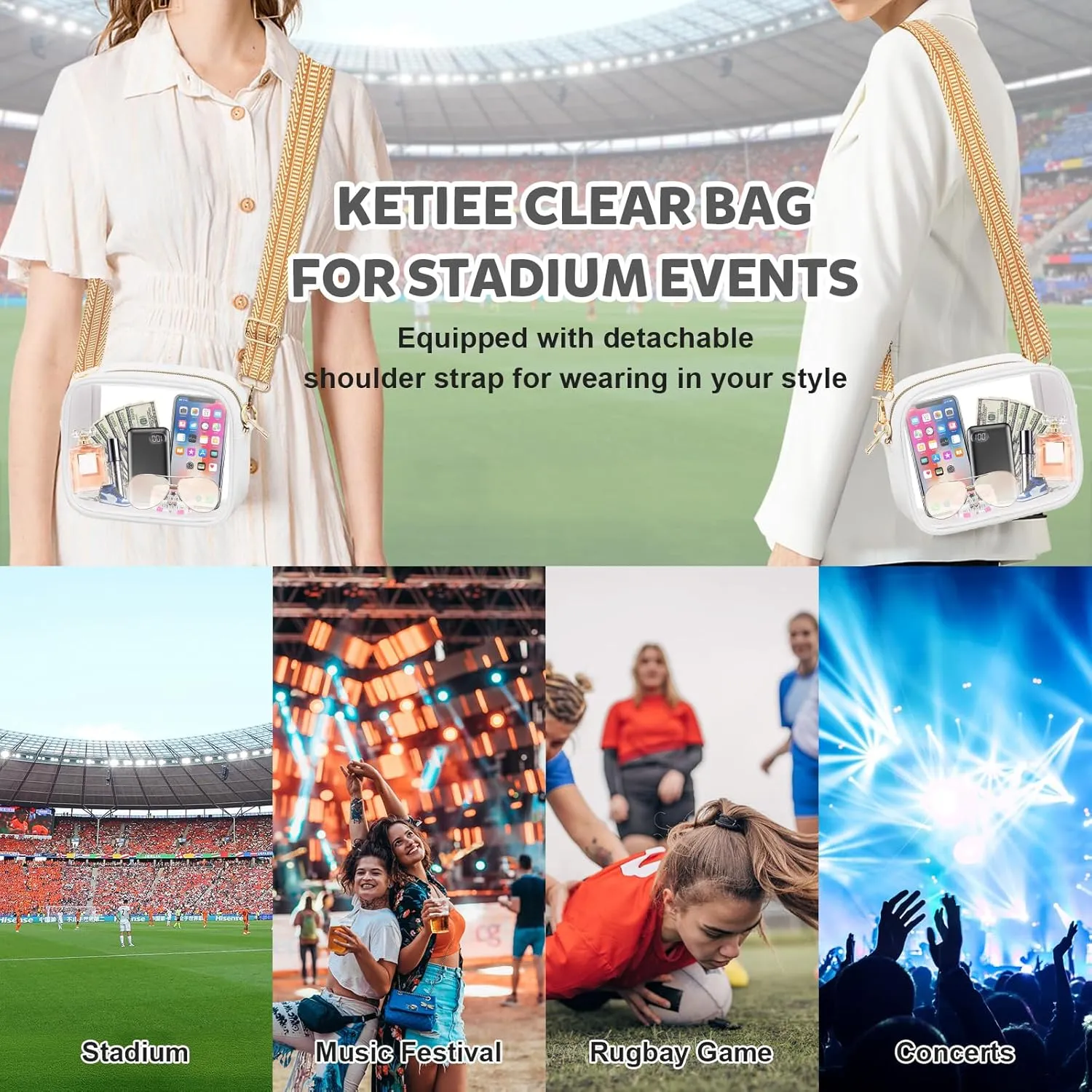 KETIEE Clear Crossbody Bag, Stadium Approved Clear Purse Bag for Concerts Sports Events Festivals