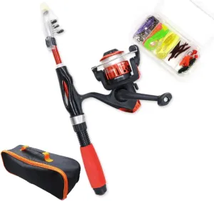 Kids Fishing Pole and Tackle Box Portable Telescopic Fishing Rod Tackle Combos Full Kits with Soft Bait Travel Bag for Boys Girls Youth Red Kids Fishing Pole Telescopic Fishing Rod and Reel Set