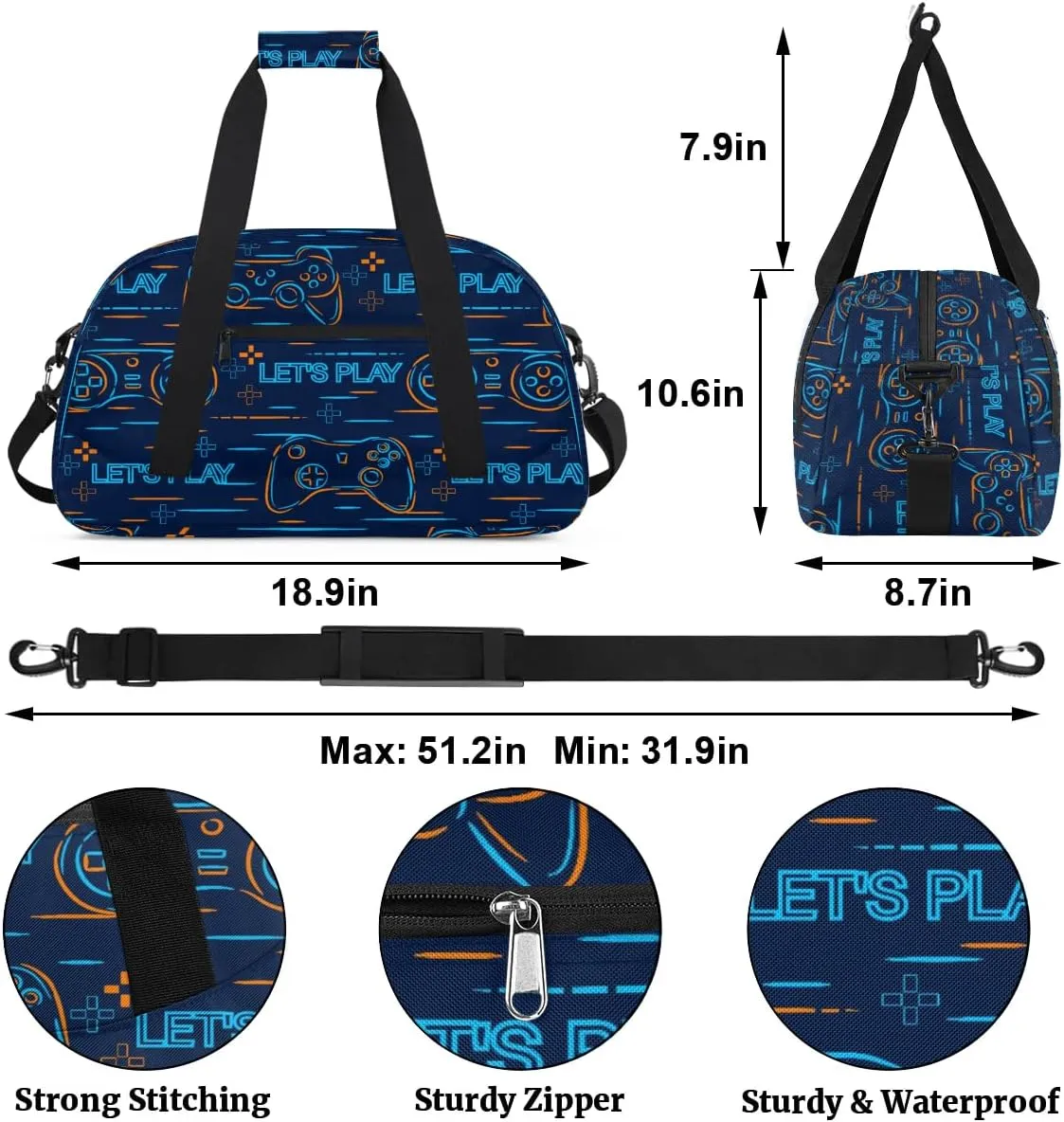 Kids Overnighter Duffel Bags for Boys Girls, Carry-On Size Sports Gym Bag for School Practice or Overnight Travel Weekender Sleepover Workout Tote Bag, Blue Game Controller
