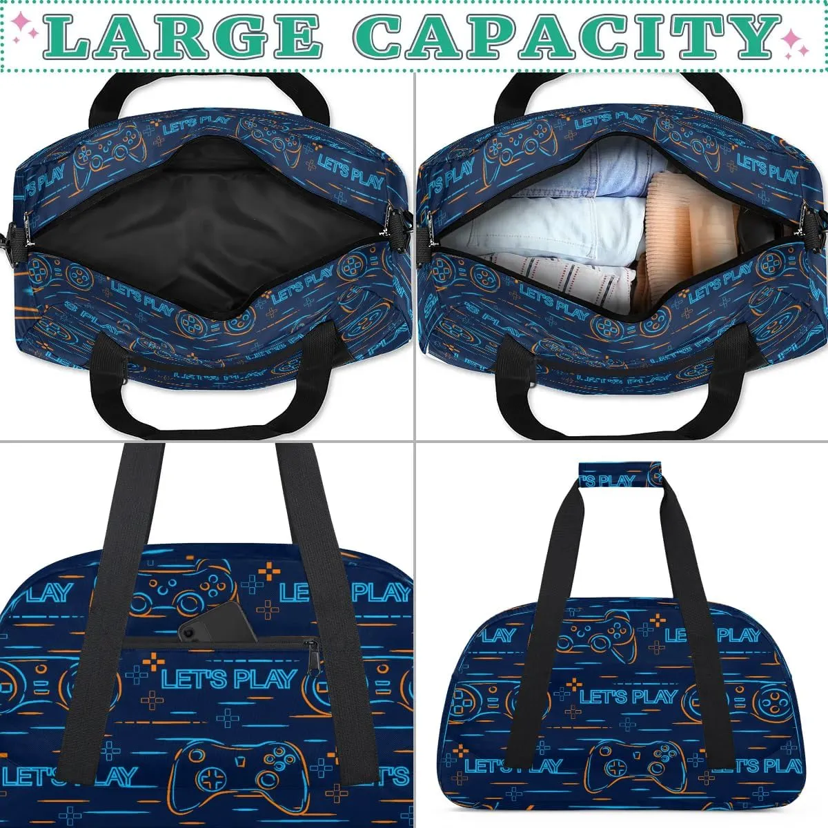 Kids Overnighter Duffel Bags for Boys Girls, Carry-On Size Sports Gym Bag for School Practice or Overnight Travel Weekender Sleepover Workout Tote Bag, Blue Game Controller