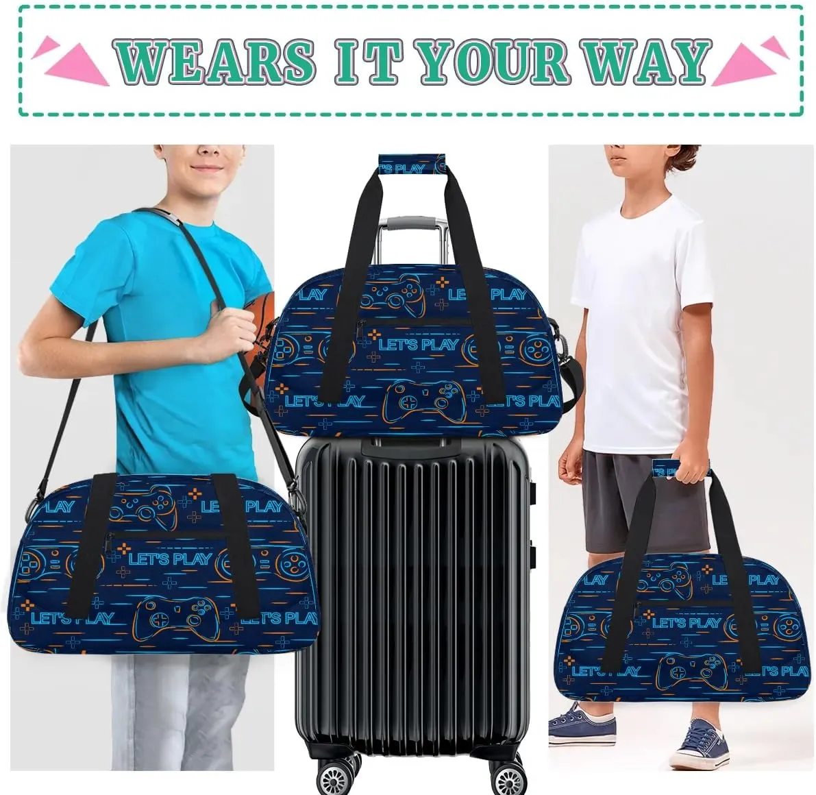 Kids Overnighter Duffel Bags for Boys Girls, Carry-On Size Sports Gym Bag for School Practice or Overnight Travel Weekender Sleepover Workout Tote Bag, Blue Game Controller