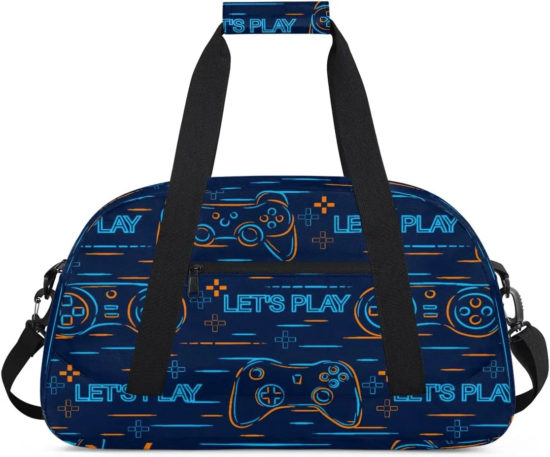 Kids Overnighter Duffel Bags for Boys Girls, Carry-On Size Sports Gym Bag for School Practice or Overnight Travel Weekender Sleepover Workout Tote Bag, Blue Game Controller