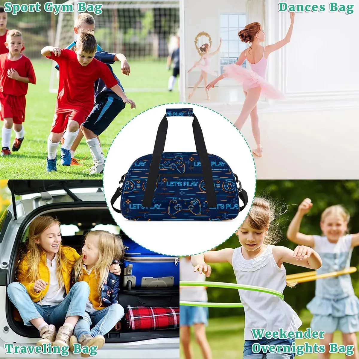 Kids Overnighter Duffel Bags for Boys Girls, Carry-On Size Sports Gym Bag for School Practice or Overnight Travel Weekender Sleepover Workout Tote Bag, Blue Game Controller