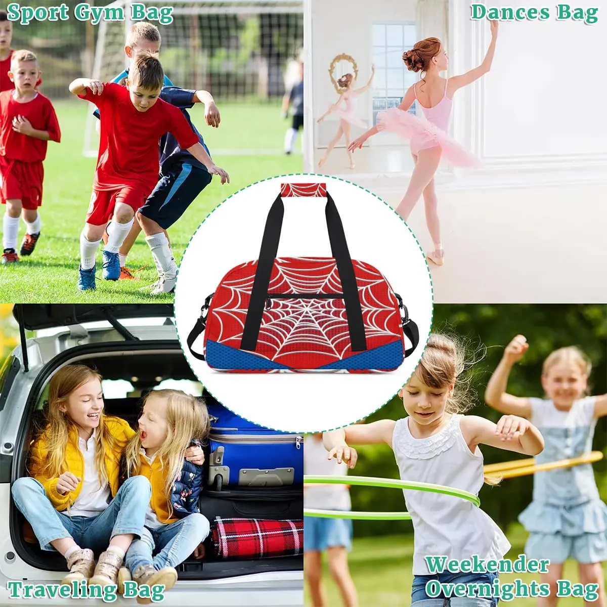Kids Overnighter Duffel Bags for Boys Girls, Carry-On Size Sports Gym Bag for School Practice or Overnight Travel Weekender Sleepover Workout Tote Bag (Red Spider Web)