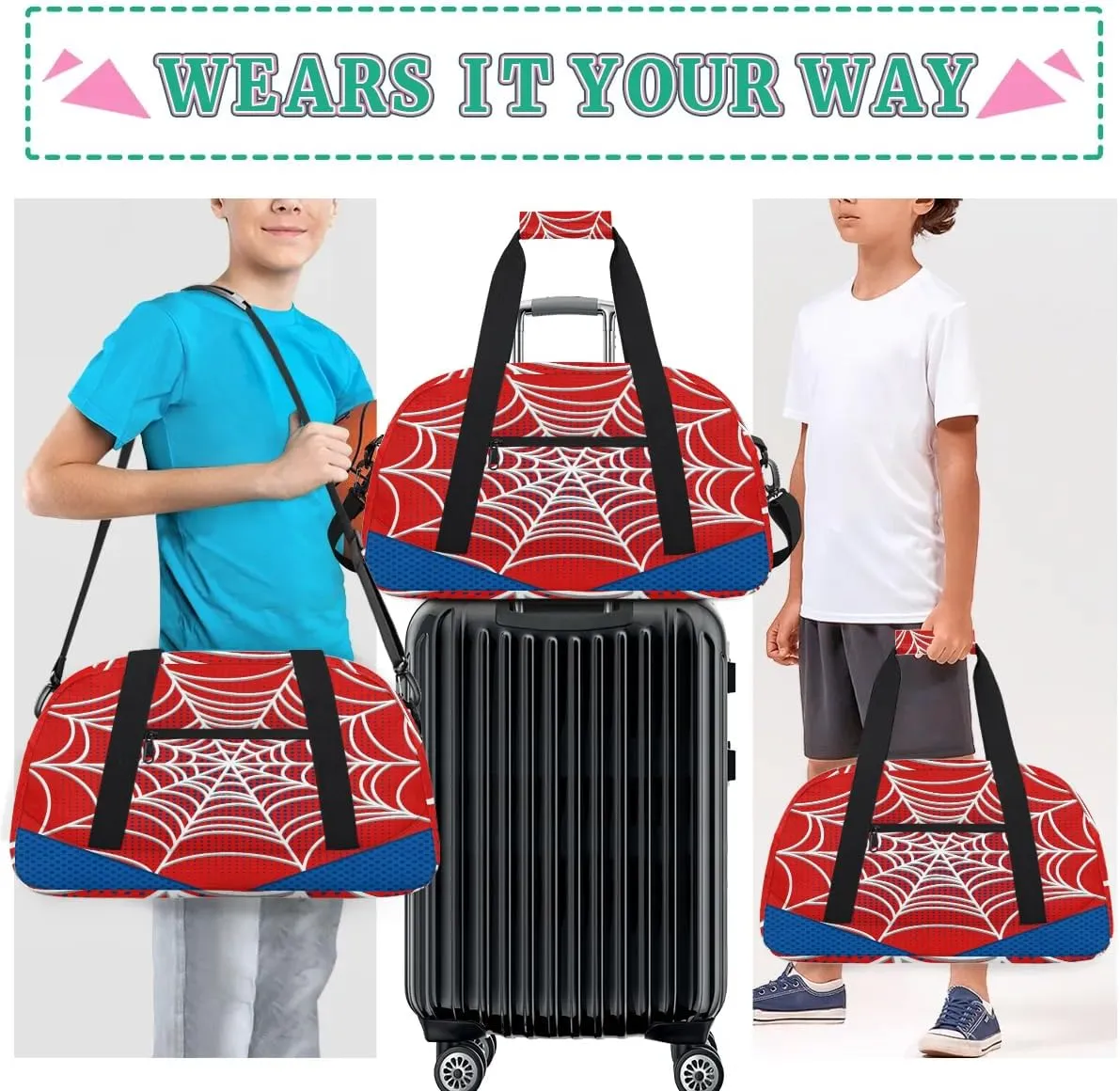 Kids Overnighter Duffel Bags for Boys Girls, Carry-On Size Sports Gym Bag for School Practice or Overnight Travel Weekender Sleepover Workout Tote Bag (Red Spider Web)