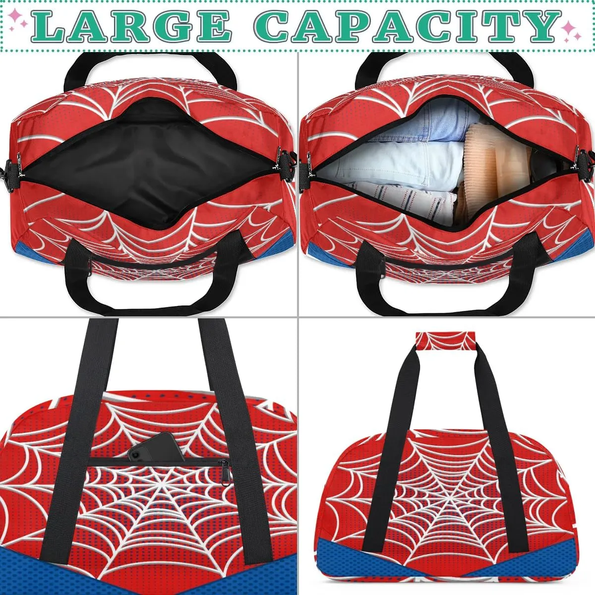 Kids Overnighter Duffel Bags for Boys Girls, Carry-On Size Sports Gym Bag for School Practice or Overnight Travel Weekender Sleepover Workout Tote Bag (Red Spider Web)