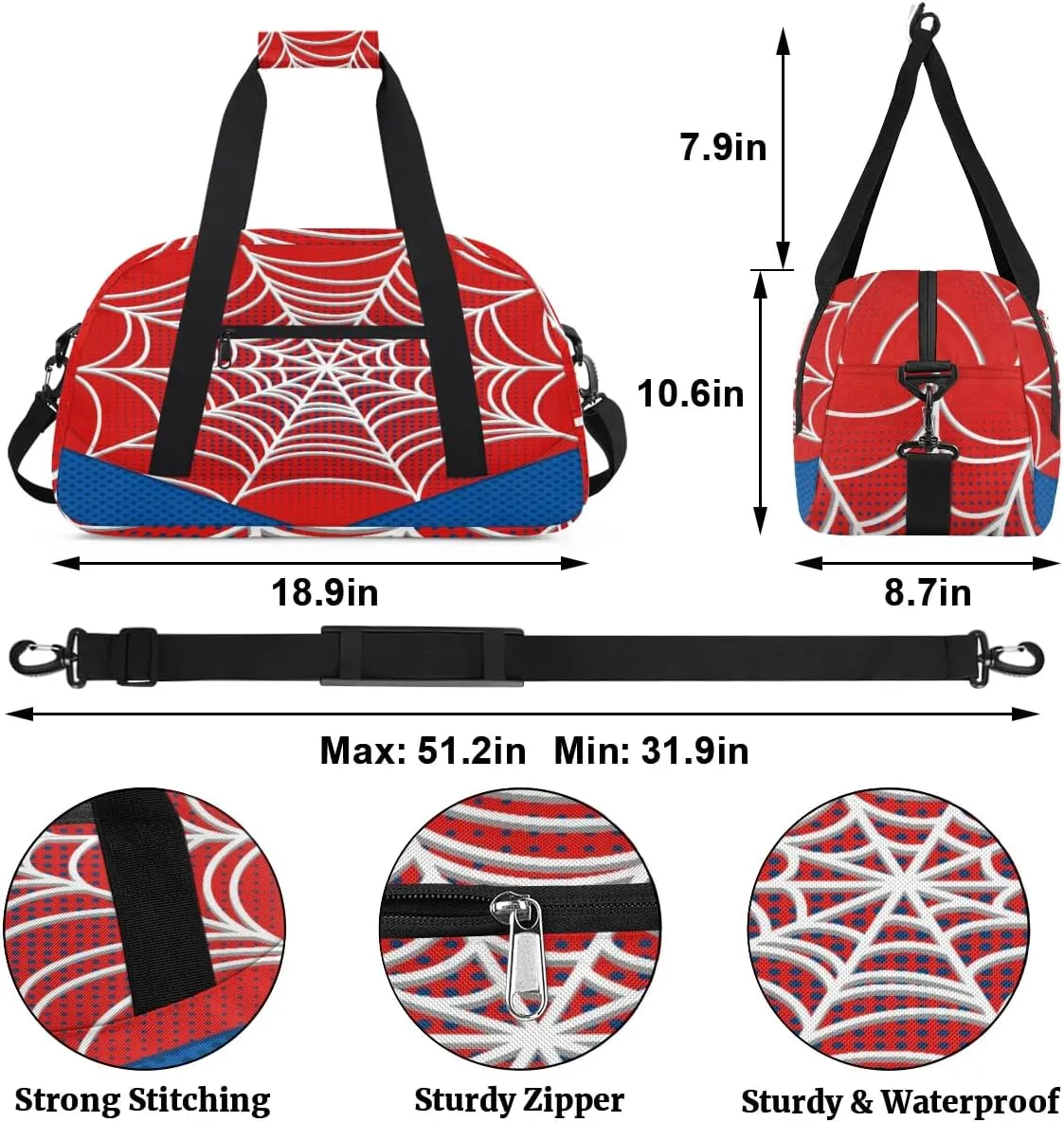 Kids Overnighter Duffel Bags for Boys Girls, Carry-On Size Sports Gym Bag for School Practice or Overnight Travel Weekender Sleepover Workout Tote Bag (Red Spider Web)