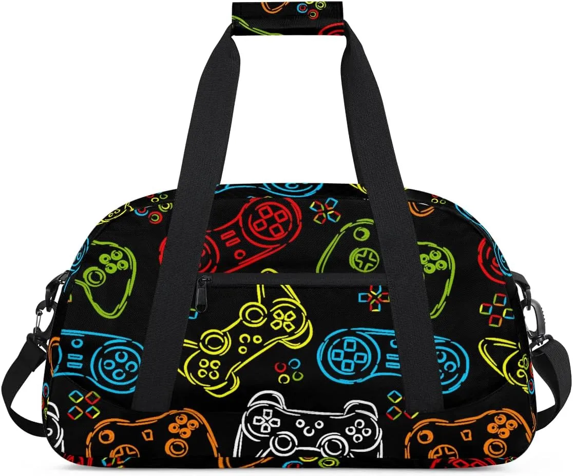 Kids Overnighter Duffel Bags for Boys Girls, Game Joysticks Carry-On Size Sports Gym Bag for School Practice or Overnight Travel Weekender Sleepover Workout Tote Bag