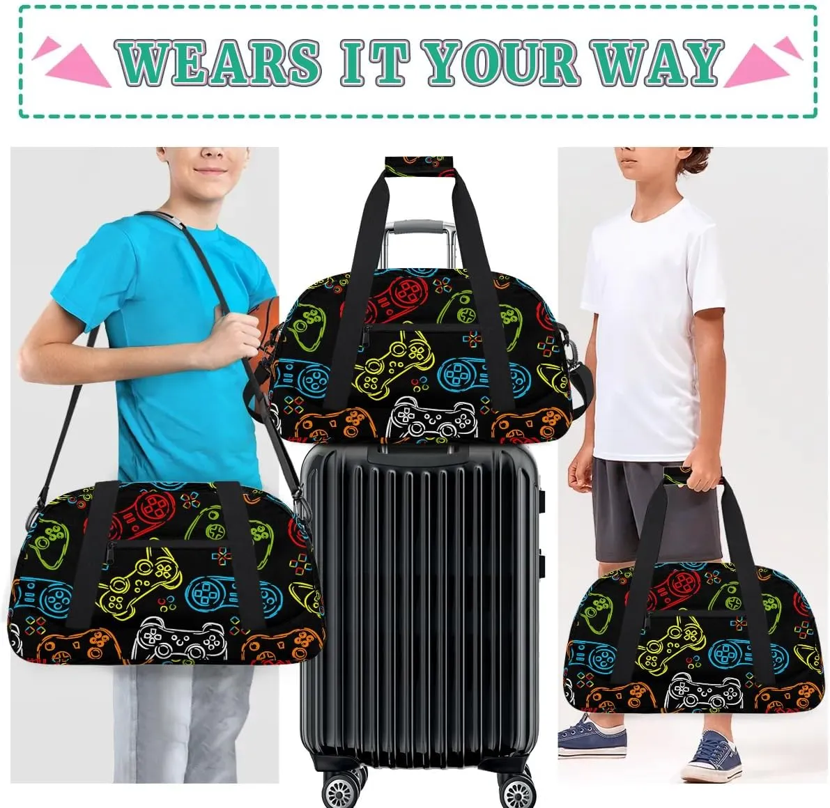 Kids Overnighter Duffel Bags for Boys Girls, Game Joysticks Carry-On Size Sports Gym Bag for School Practice or Overnight Travel Weekender Sleepover Workout Tote Bag