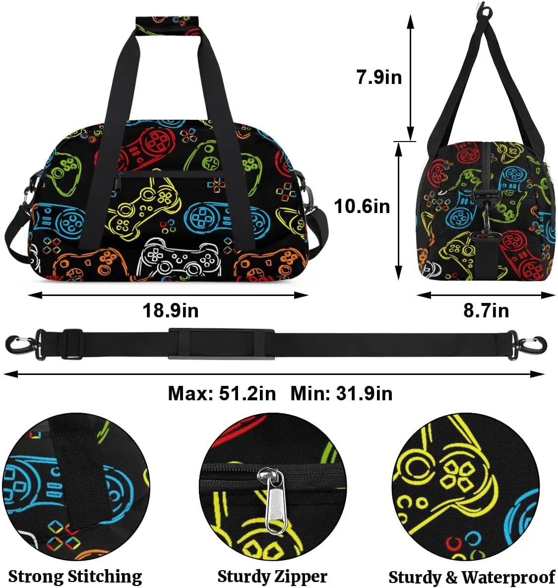 Kids Overnighter Duffel Bags for Boys Girls, Game Joysticks Carry-On Size Sports Gym Bag for School Practice or Overnight Travel Weekender Sleepover Workout Tote Bag