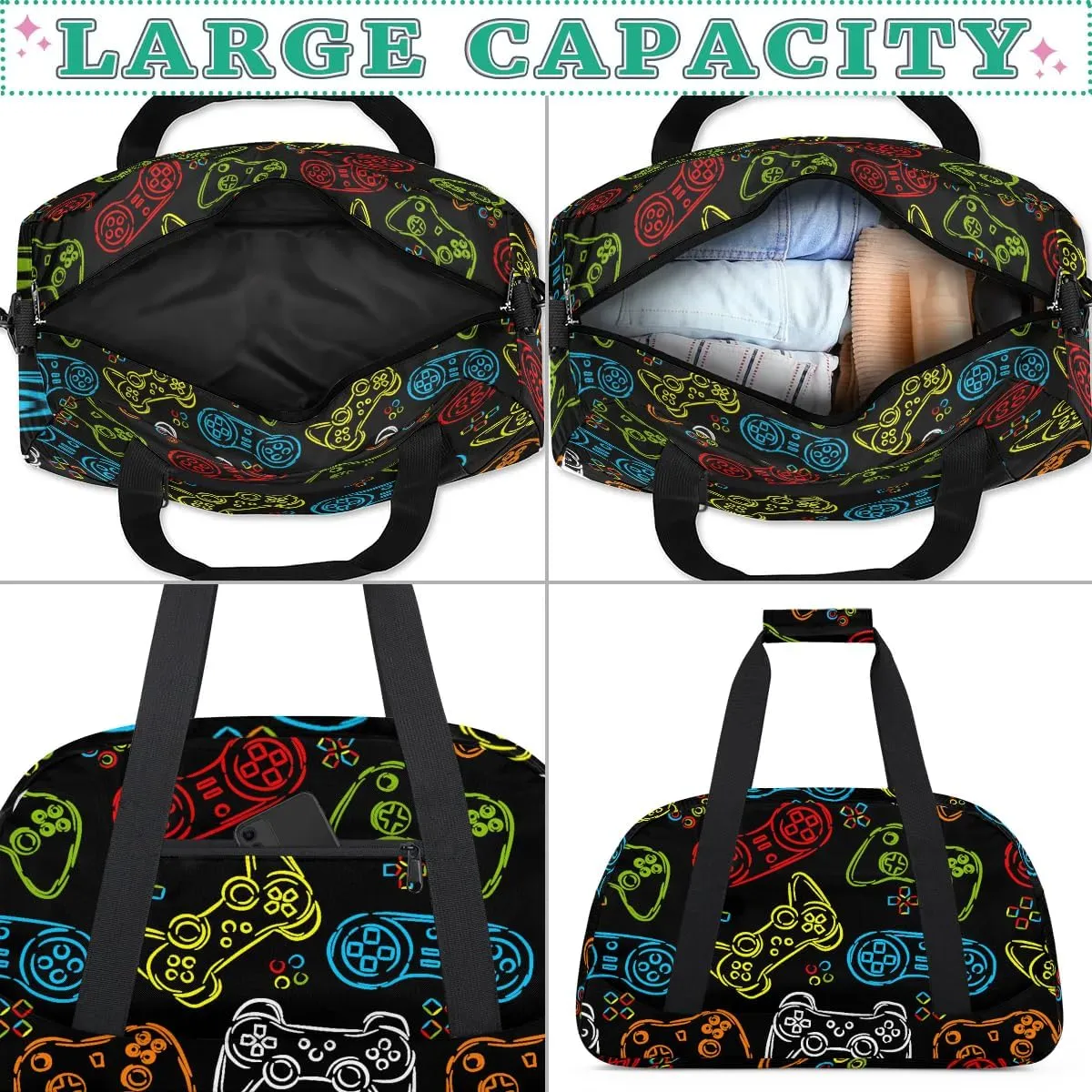 Kids Overnighter Duffel Bags for Boys Girls, Game Joysticks Carry-On Size Sports Gym Bag for School Practice or Overnight Travel Weekender Sleepover Workout Tote Bag