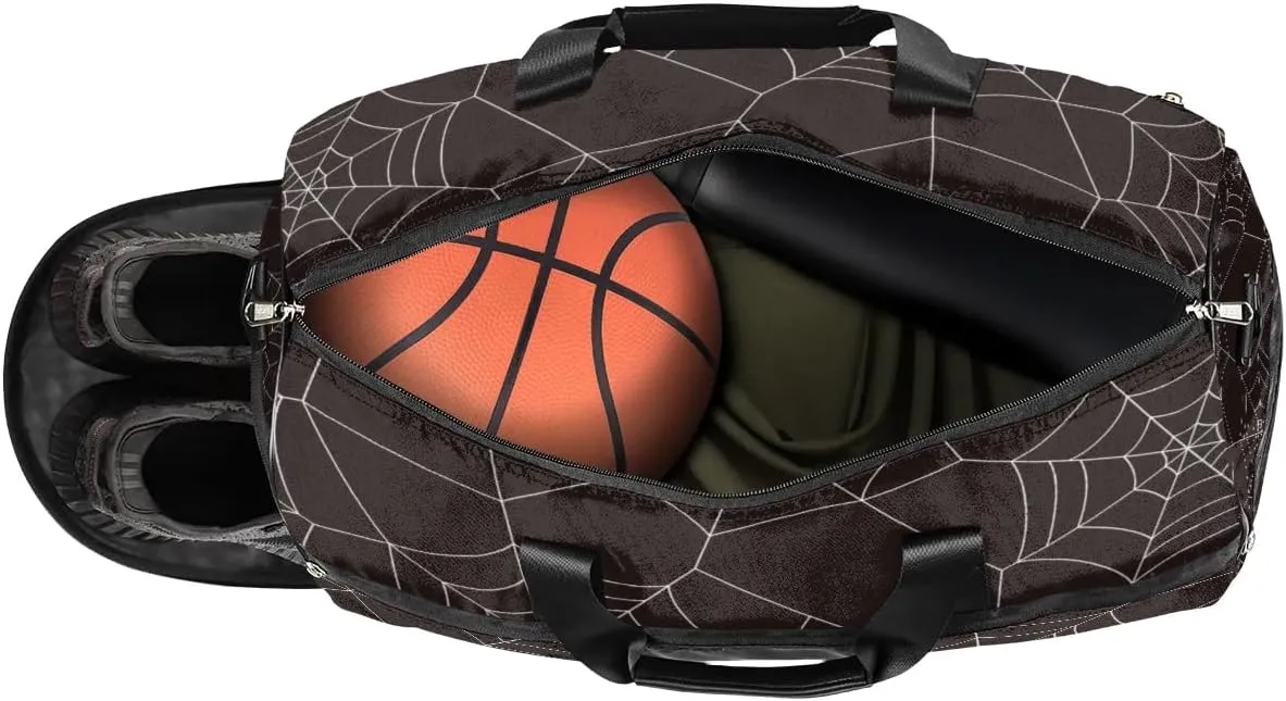 Kids Overnighter Duffel Bags for Boys Girls, Spider Web Black Carry-On Size Sports Gym Bag with Shoe Compartments for School Practice or Overnight Travel Weekender Sleepover Tote Bag