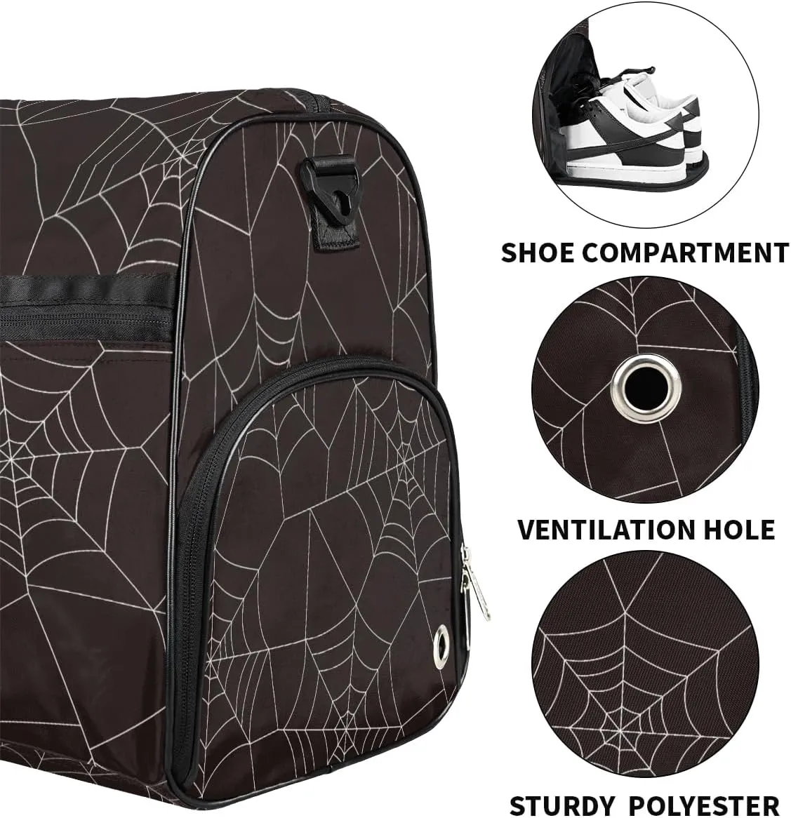 Kids Overnighter Duffel Bags for Boys Girls, Spider Web Black Carry-On Size Sports Gym Bag with Shoe Compartments for School Practice or Overnight Travel Weekender Sleepover Tote Bag