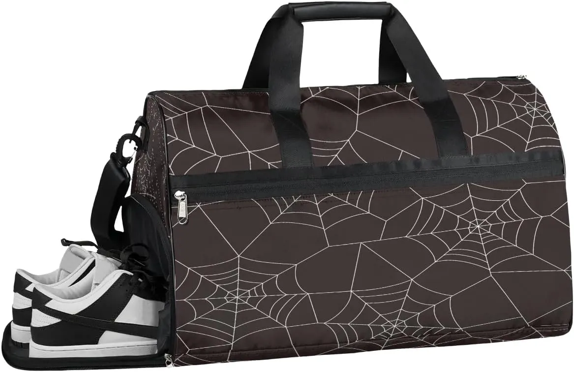 Kids Overnighter Duffel Bags for Boys Girls, Spider Web Black Carry-On Size Sports Gym Bag with Shoe Compartments for School Practice or Overnight Travel Weekender Sleepover Tote Bag