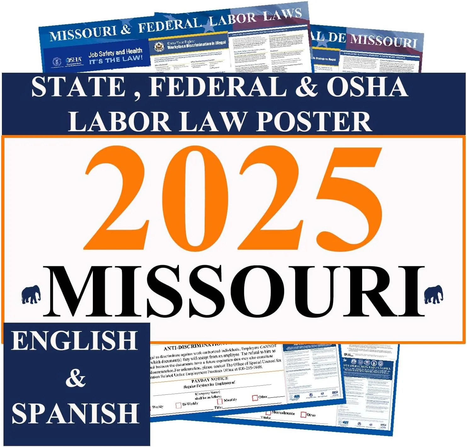 KIKIGO 2025 Missouri State and Federal Labor Laws Poster - OSHA Workplace Compliant 24" x 36" - All in One Required Posting -(English & Spanish Combo)