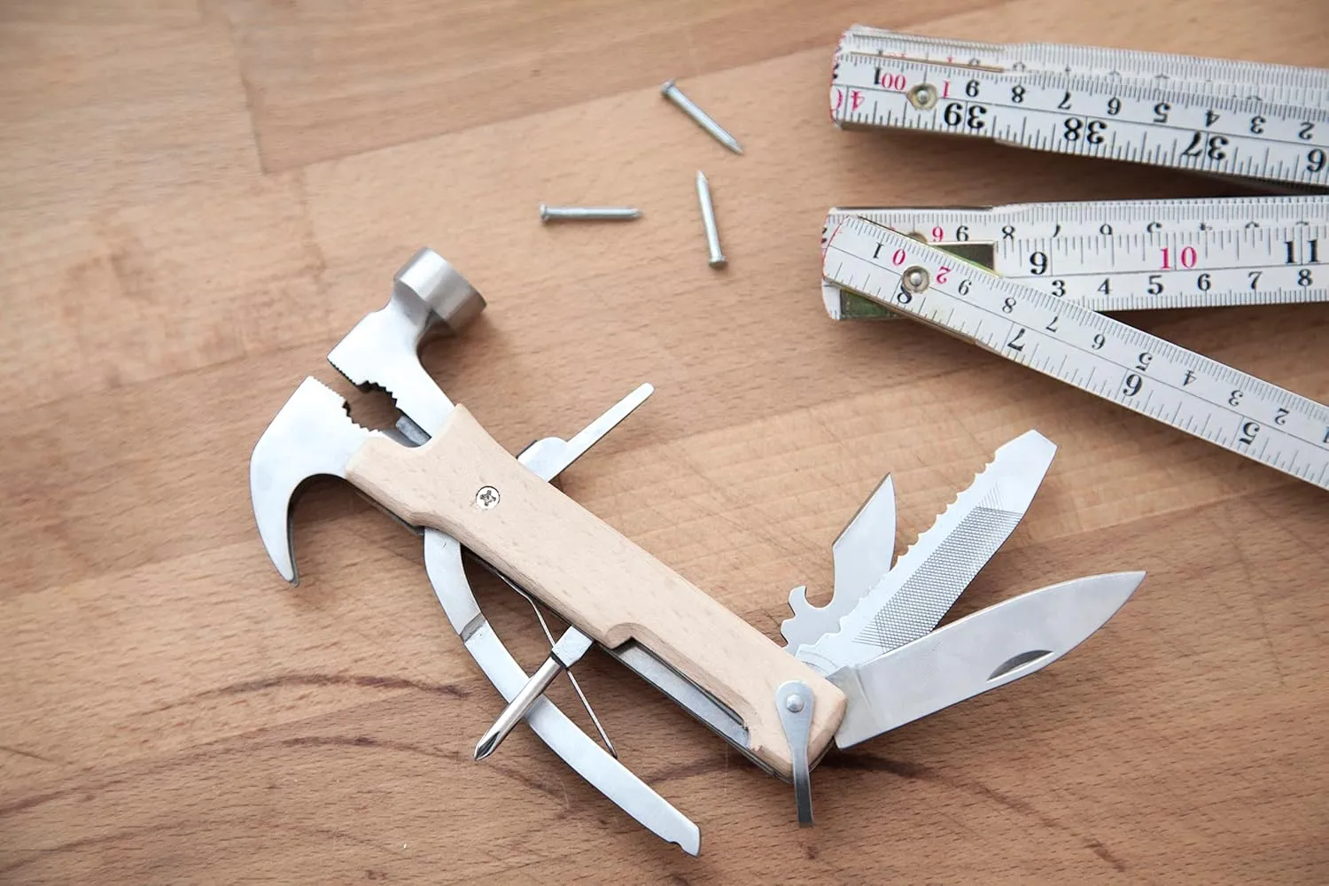 Kikkerland 10 in 1 Pocket Compact EDC Gear Equipment Stainless Steel Multi-Tool, White, Wood Handle, for Outdoors, Camping Tool Accessories Survival
