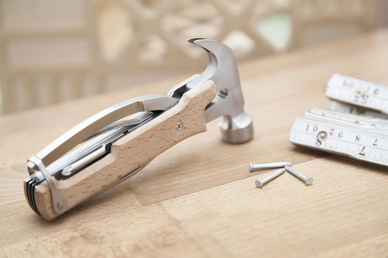 Kikkerland 10 in 1 Pocket Compact EDC Gear Equipment Stainless Steel Multi-Tool, White, Wood Handle, for Outdoors, Camping Tool Accessories Survival