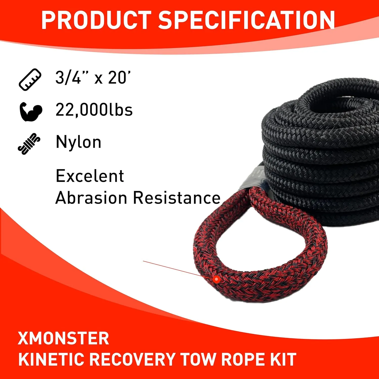 Kinetic Recovery Tow Rope Snatch Rope Strap3/4 x 20' (MBS 22,000 lbs) and 2 Soft Shackles (35,000bs), Free Durable Handbag Offroad Recovery Kits