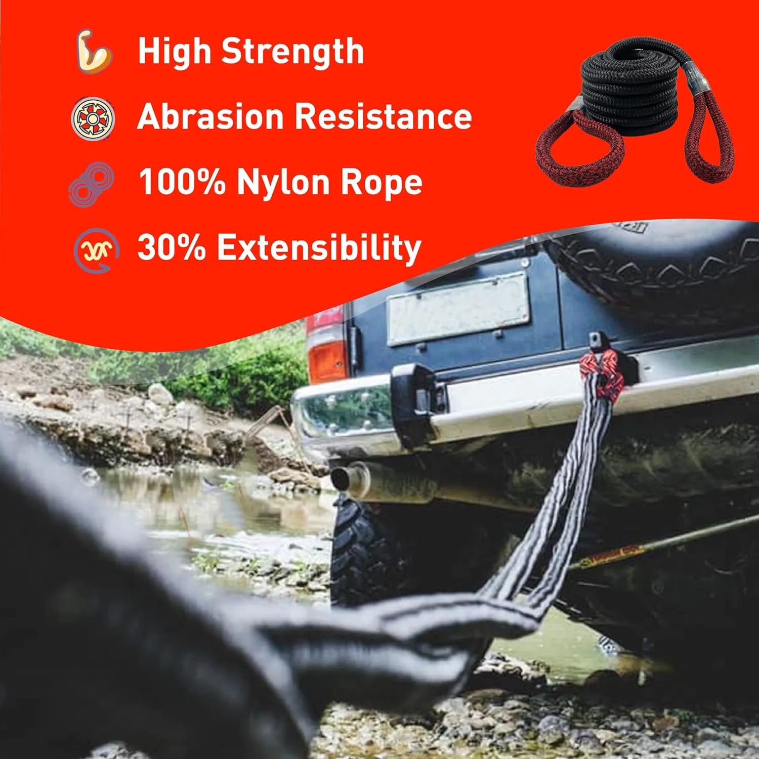 Kinetic Recovery Tow Rope Snatch Rope Strap3/4 x 20' (MBS 22,000 lbs) and 2 Soft Shackles (35,000bs), Free Durable Handbag Offroad Recovery Kits