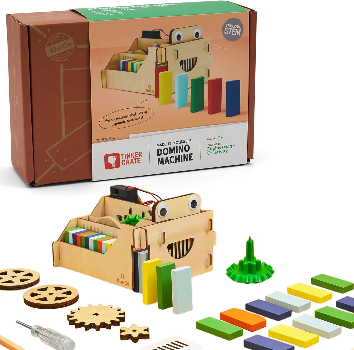 KiwiCo - Domino Machine, Wooden Domino Set for Family Games with 100 Dominoes and Wood Domino Robot, for Kids Ages 9 