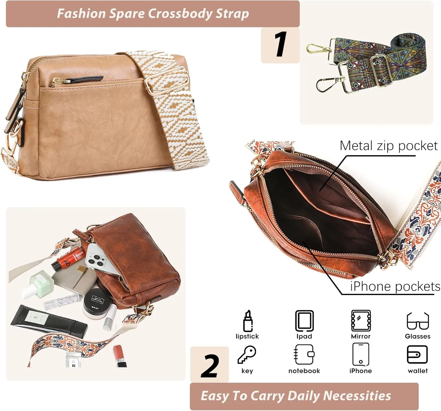 KlaOYer 2 Adjustable Strap Bag,Crossbody Bags Women,Guitar Strap Purse,Vegan Handbags Soft Shoulder Bag For Women