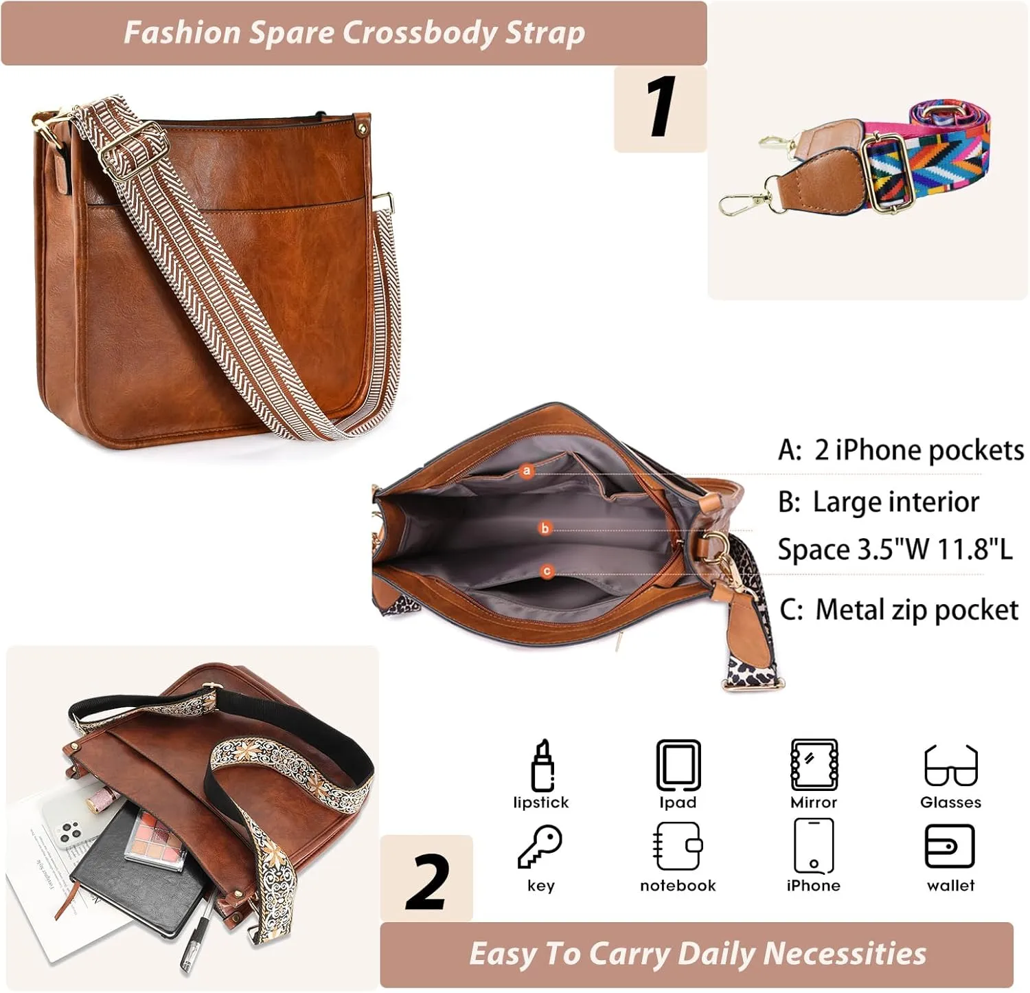 KlaOYer 2 Adjustable Strap Bag,Crossbody Bags Women,Guitar Strap Purse,Vegan Handbags Soft Shoulder Bag For Women