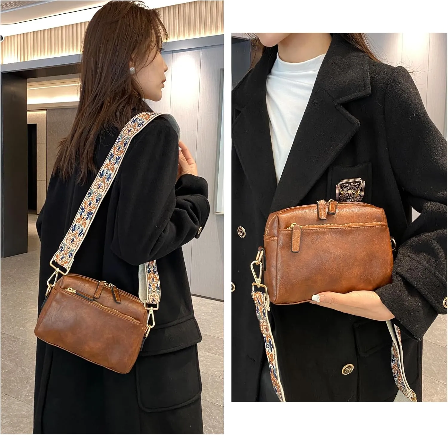 KlaOYer 2 Adjustable Strap Bag,Crossbody Bags Women,Guitar Strap Purse,Vegan Handbags Soft Shoulder Bag For Women