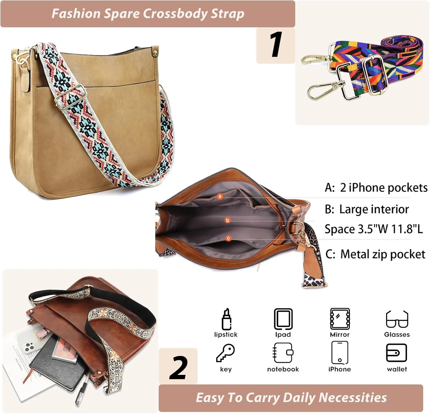 KlaOYer 2 Adjustable Strap Bag,Crossbody Bags Women,Guitar Strap Purse,Vegan Handbags Soft Shoulder Bag For Women