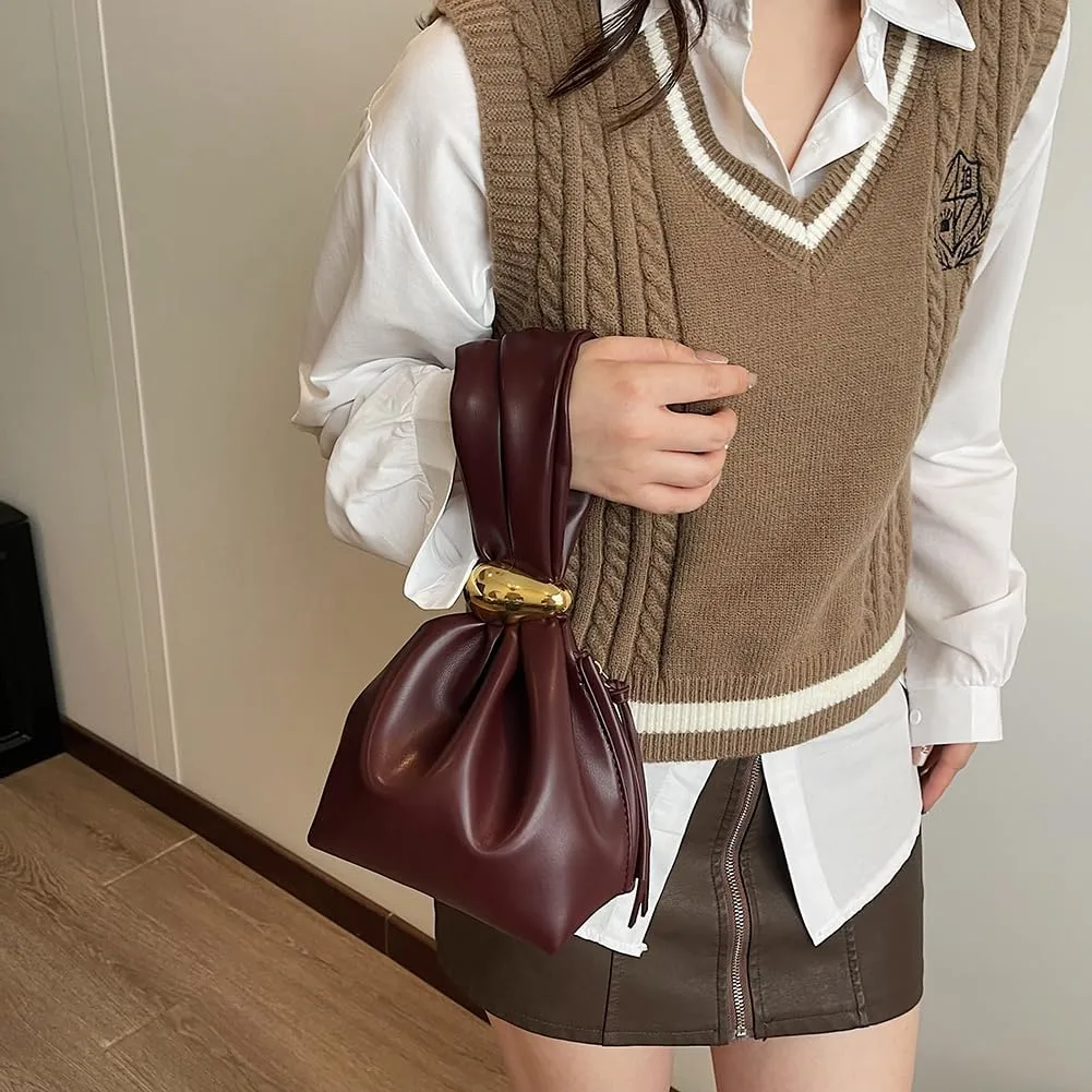 Knot Clutch Purse Vegan Leather Red Burgundy Handbag Wristlet Mini Tote Sleeve Knot Purse