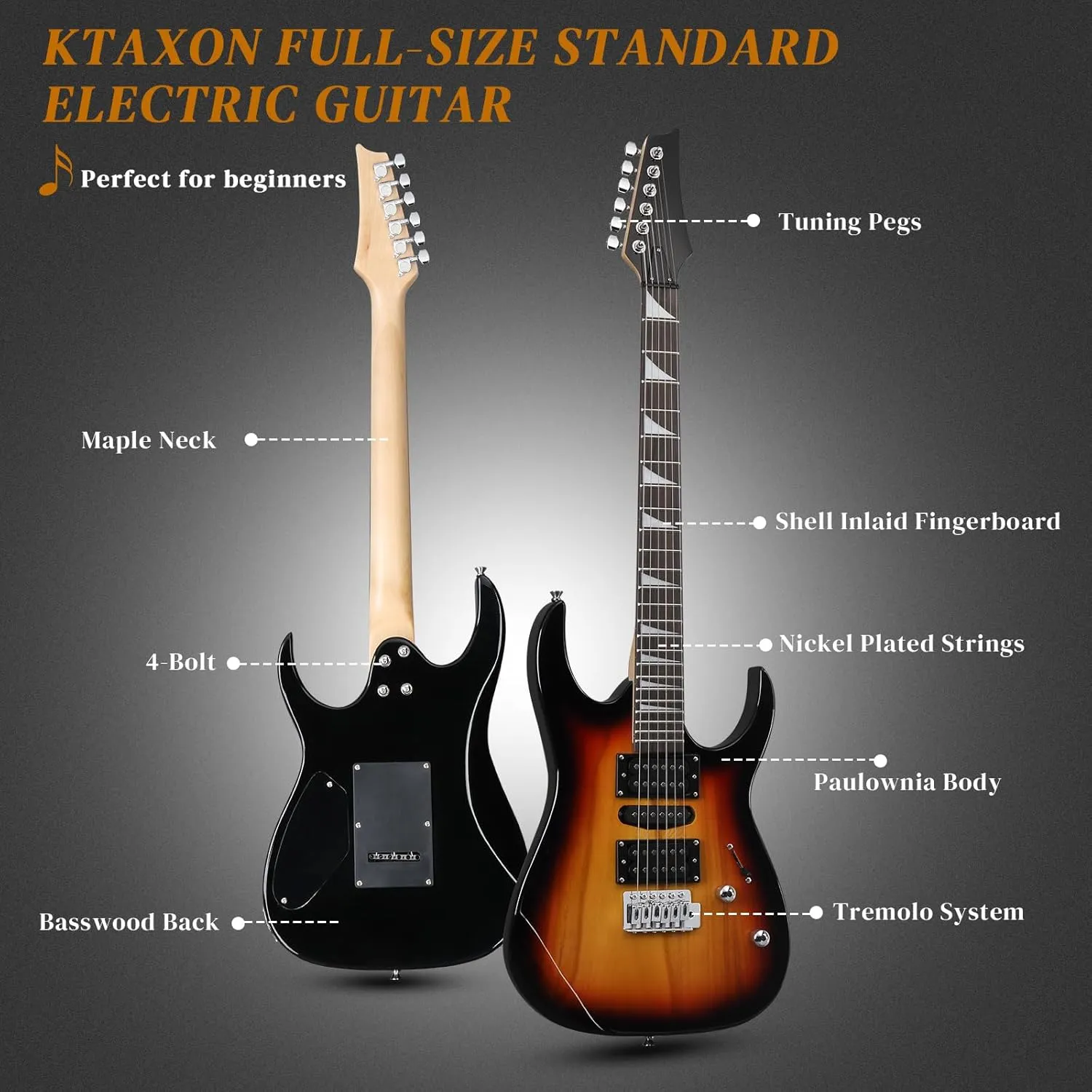 Ktaxon Full-Size Electric Guitar, Solid Body HSH Pickups 170 Guitars Beginner Kit with Gig Bag, Shoulder Strap, Tremolo Arm, Cable, Picks All Accessories (Sunset)