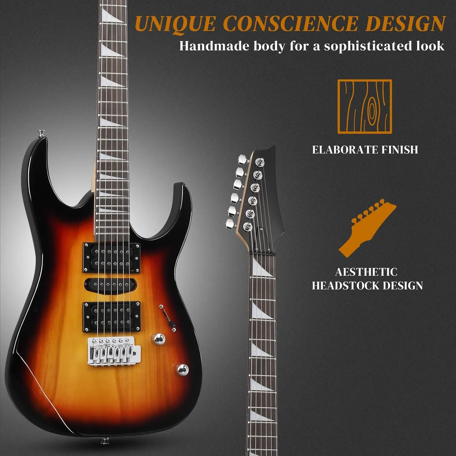 Ktaxon Full-Size Electric Guitar, Solid Body HSH Pickups 170 Guitars Beginner Kit with Gig Bag, Shoulder Strap, Tremolo Arm, Cable, Picks All Accessories (Sunset)