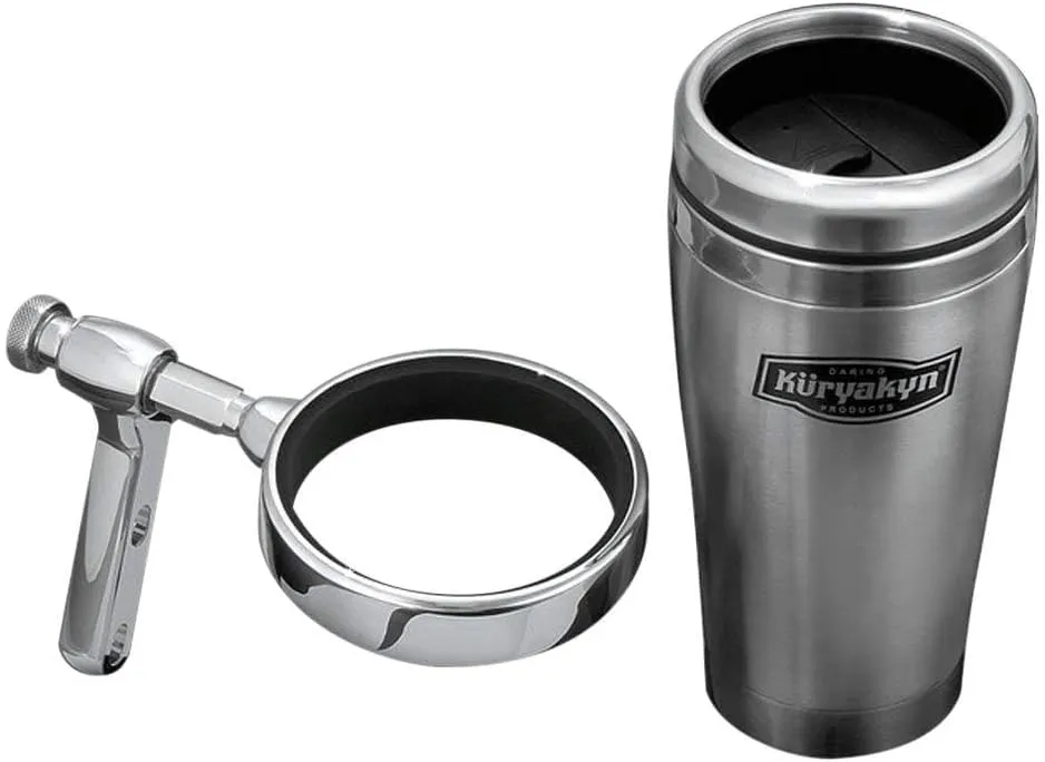 Kuryakyn 1463 Motorcycle Handlebar Accessory: 12 fl oz Stainless Steel Mug with Universal Drink/Cup Holder for Motorcycles with Perch Mount, Chrome