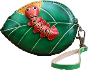 Ladies Tree Leaf Cowhide Coin Purse Can Hold Change Wristband Clutch Hand-Made Leather Zipper Key Case