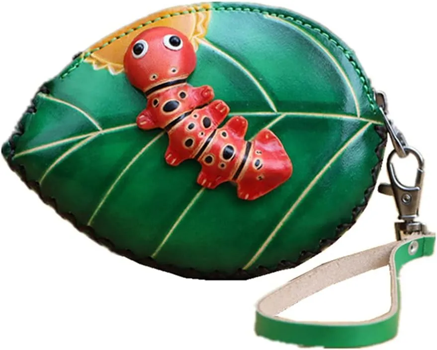 Ladies Tree Leaf Cowhide Coin Purse Can Hold Change Wristband Clutch Hand-Made Leather Zipper Key Case