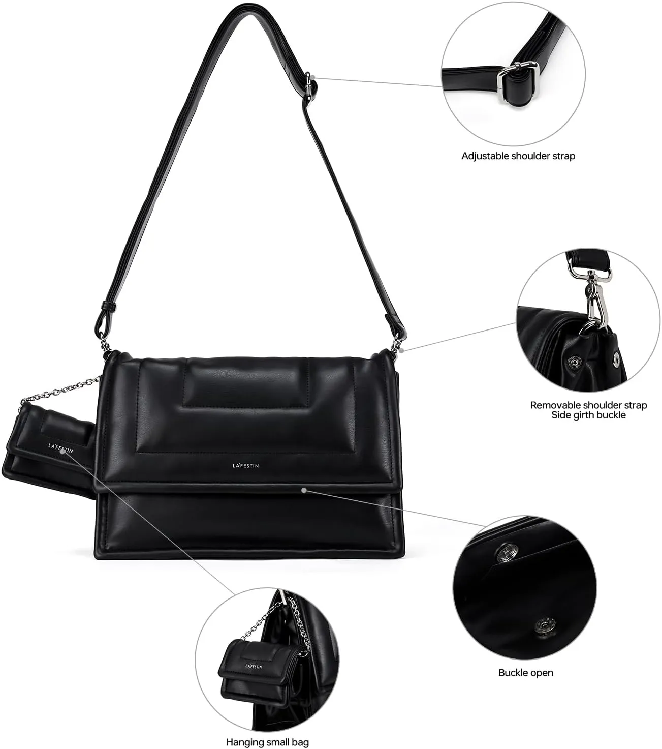 LAFESTIN PU Leather Shoulder Purses For Women With Mini Purse, Large Satchel Bags Adjustable Strap Women's Crossbody Handbags