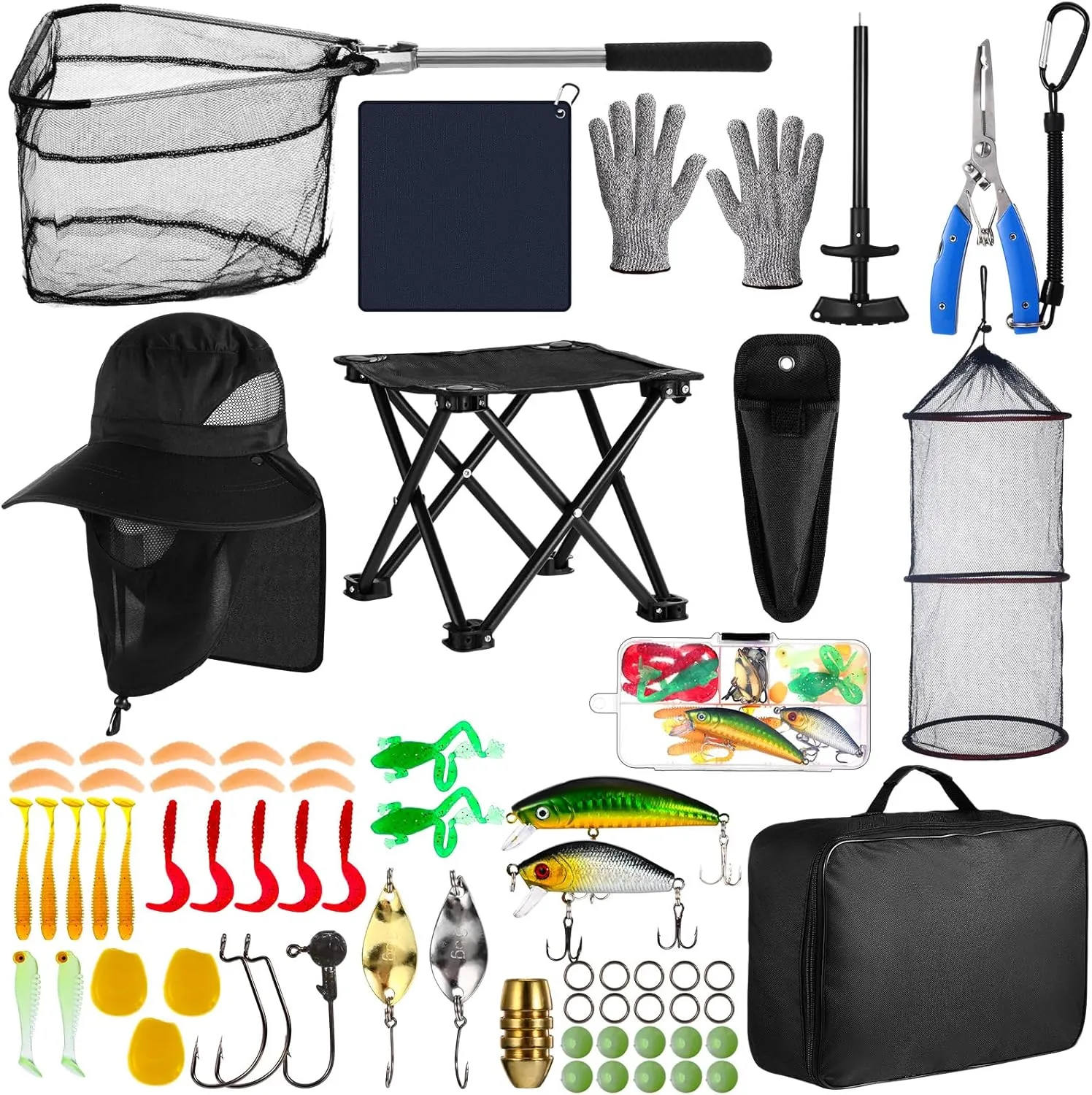 Lasnten 68 Pcs Fishing Tool Kit Fishing Backpack Pliers Kit Gear Equipment Tackle Include Hook Remover Backpack Gloves Towel Keychain Hook Fishing Lures Baits Accessories for Men Women Gifts