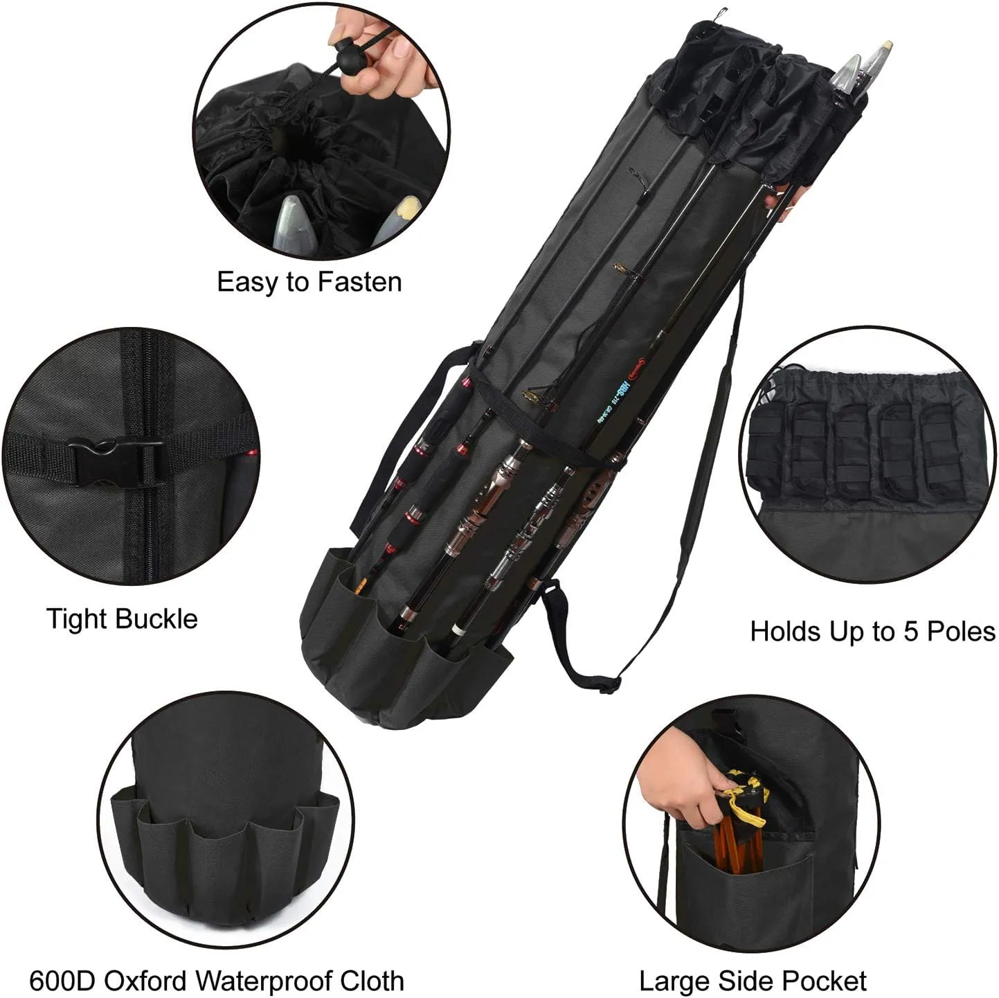 LEADALLWAY Portable Fishing Rod Case - Durable Folding Oxford Fabric Tackle Carry Bag - Multifunction, Large Capacity, Waterproof - Holds 5 Poles
