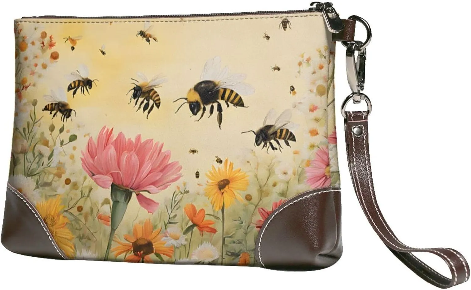 Leather Clutch Bag Funny Print Elegant Versatile Large Wallet Purse, Gifts for Women (Rural Bees Wildflowers)