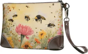 Leather Clutch Bag Funny Print Elegant Versatile Large Wallet Purse, Gifts for Women (Rural Bees Wildflowers)