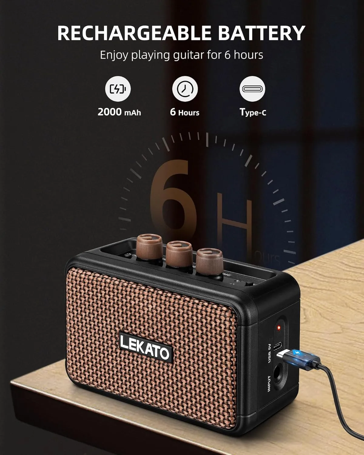 LEKATO Mini Electric Guitar Amplifier, Dual Speakers 5W, Rechargeable Guitar Amp Bluetooth with Clean Overdrive Effects, Headphone Jack, Retro Portable Small Amp for Practice