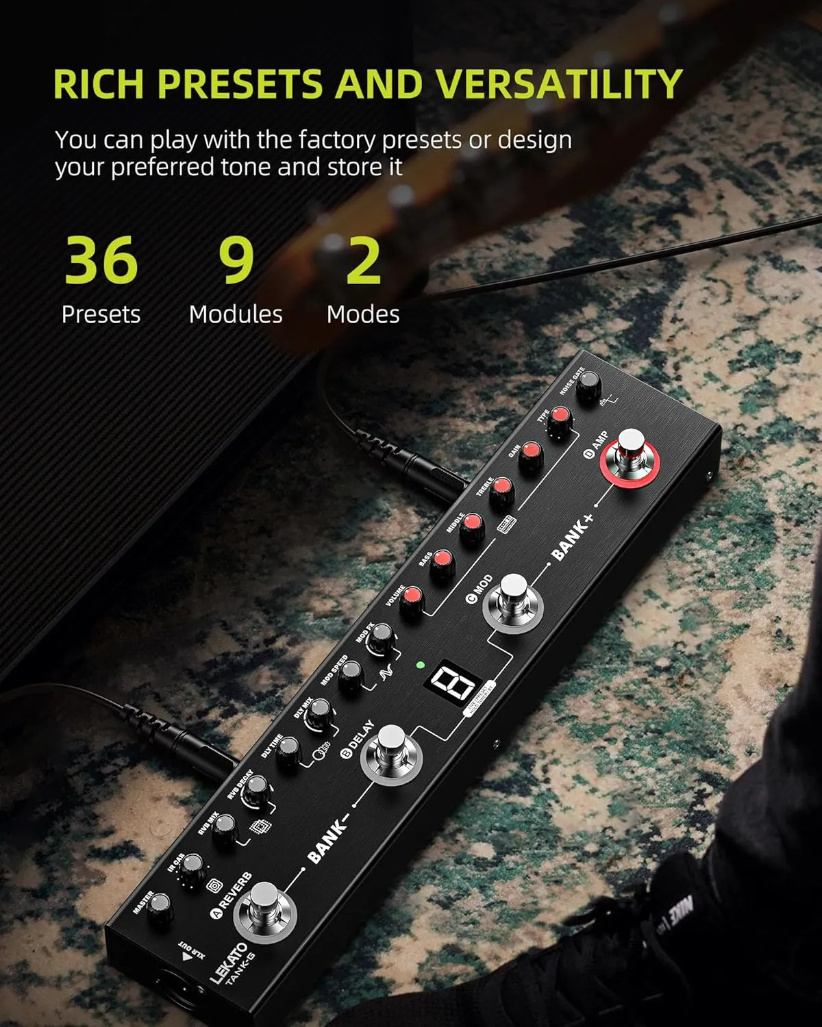 LEKATO Multi Effects Guitar Pedal, Guitar Effects Pedal with 36 Presets, Editable 4 Modules, Amp, Chorus, Delay, Reverb, IR CAB, Tuner, BT Connection, Music Recording
